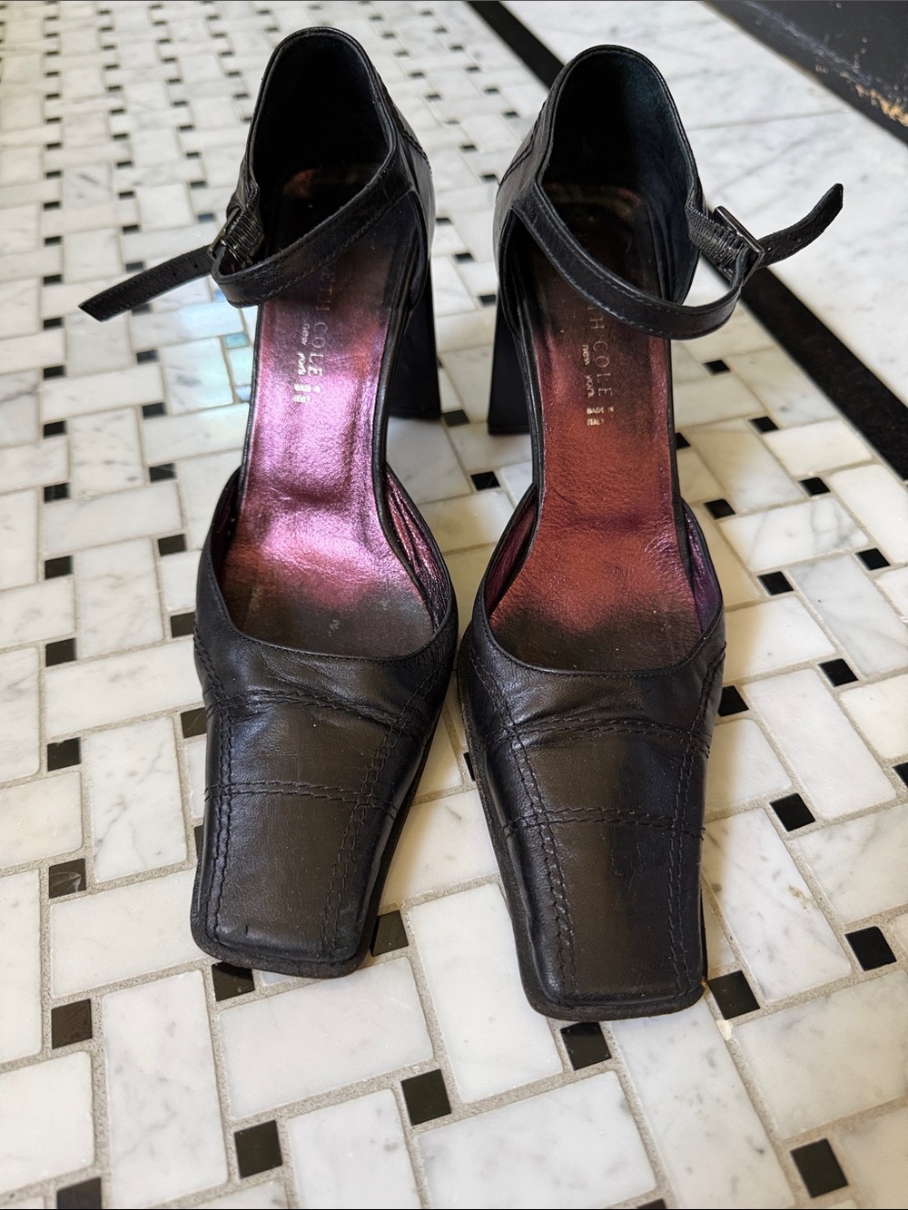 Kenneth Cole Black Leather Square-Toe Block Heels with Ankle Strap